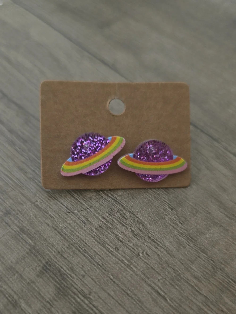 Purple Glitter Planet Stud Earrings with Rainbow Ring